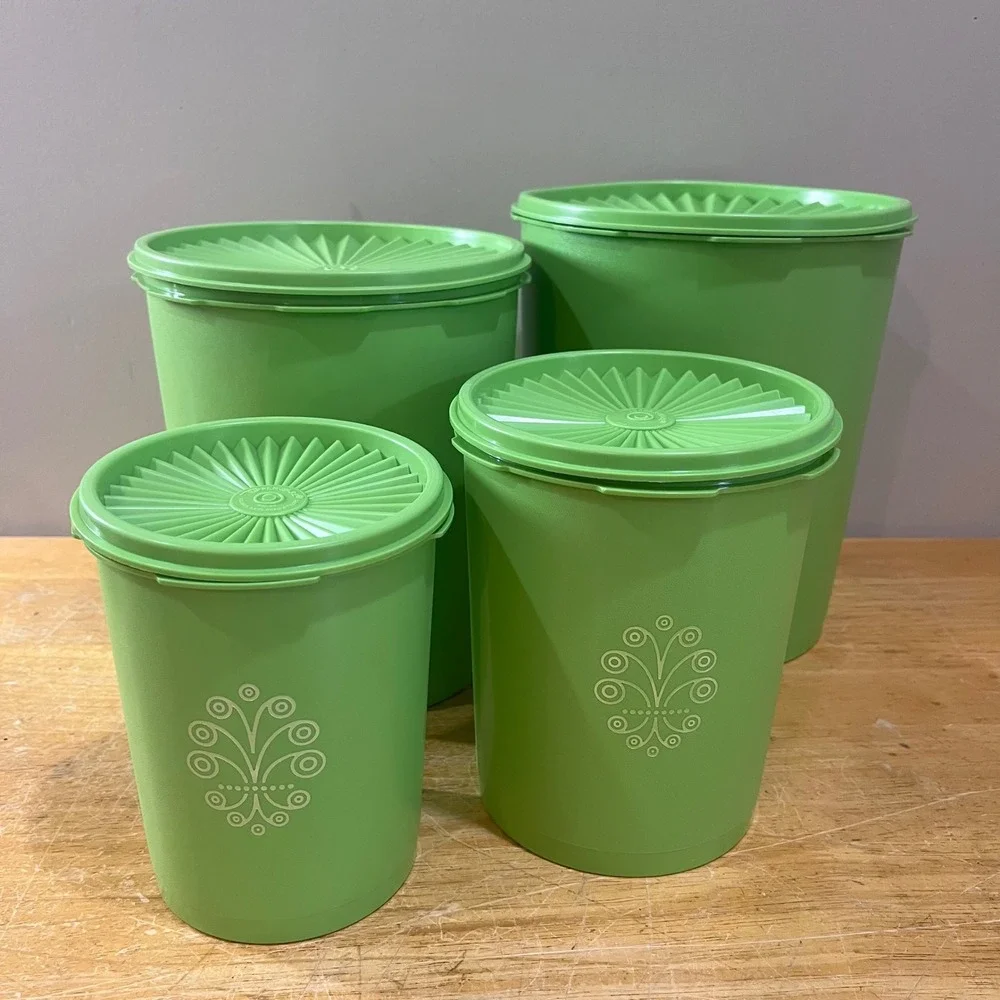 Vtg Tupperware Servalier Canister Set 4pc Lime Green Sunburst Lids 70s Retro MCM